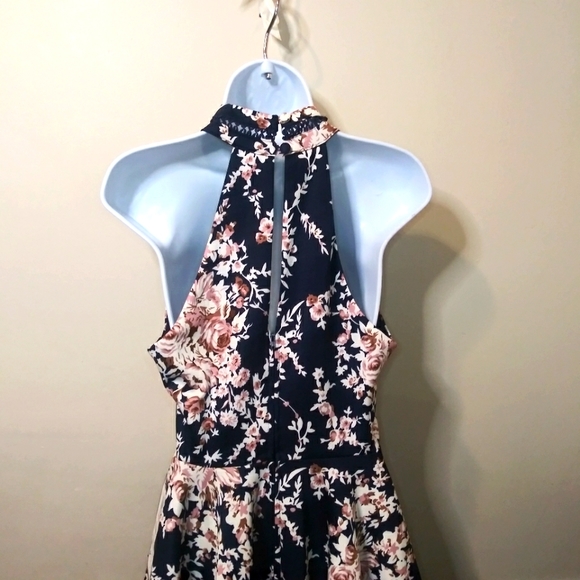 B. Darlin Navy & Mauve Rose Floral Halter Style Skater Dress - Picture 6 of 11